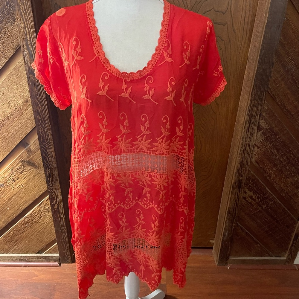 Johnny Was Orange Embroidery tunic blouse eyelet size XS round short sleeve lace - Picture 8 of 16